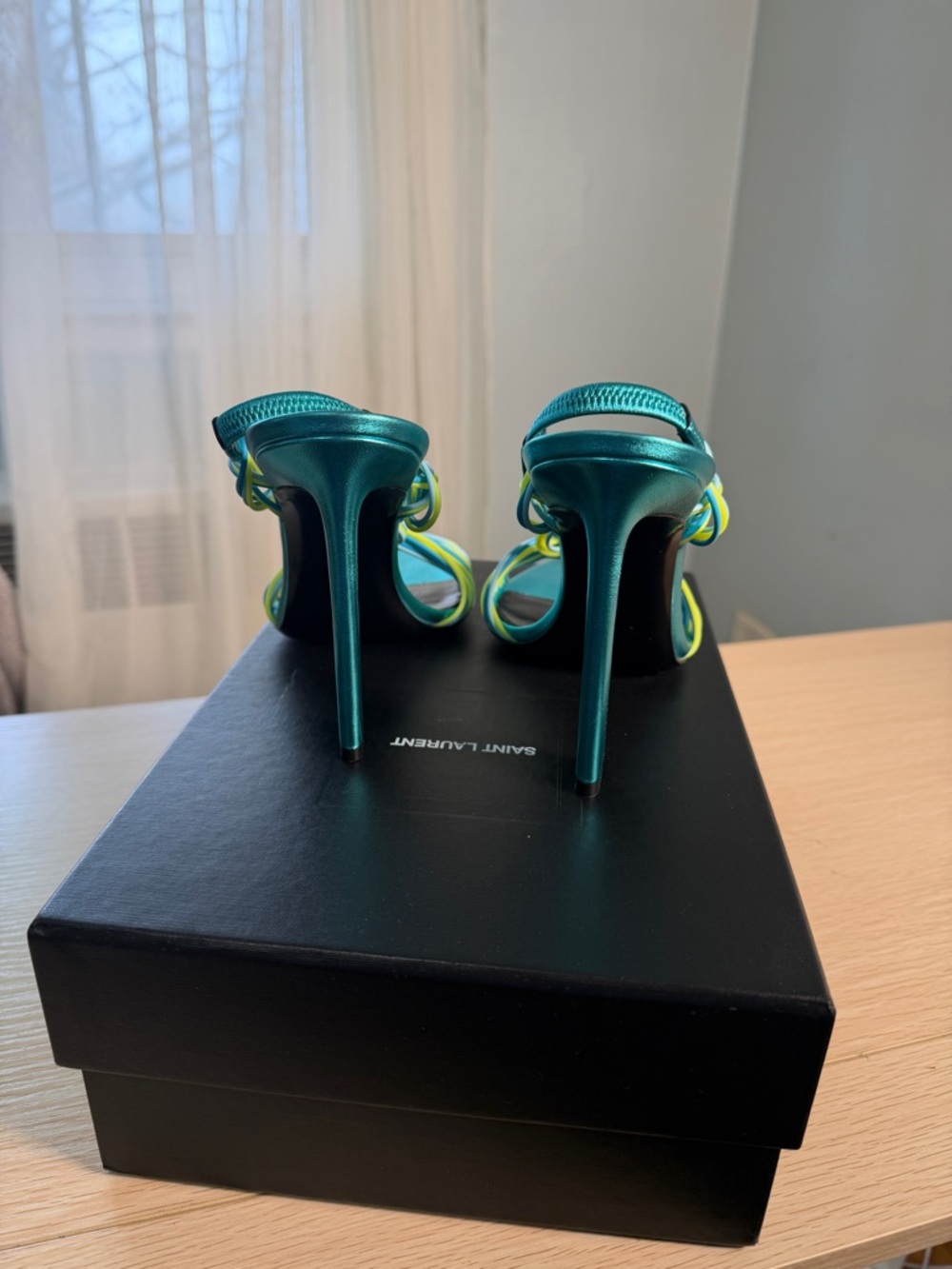 Saint Laurent Teal Sandal with Yellow & Blue Braided Straps - Picture 5 of 8